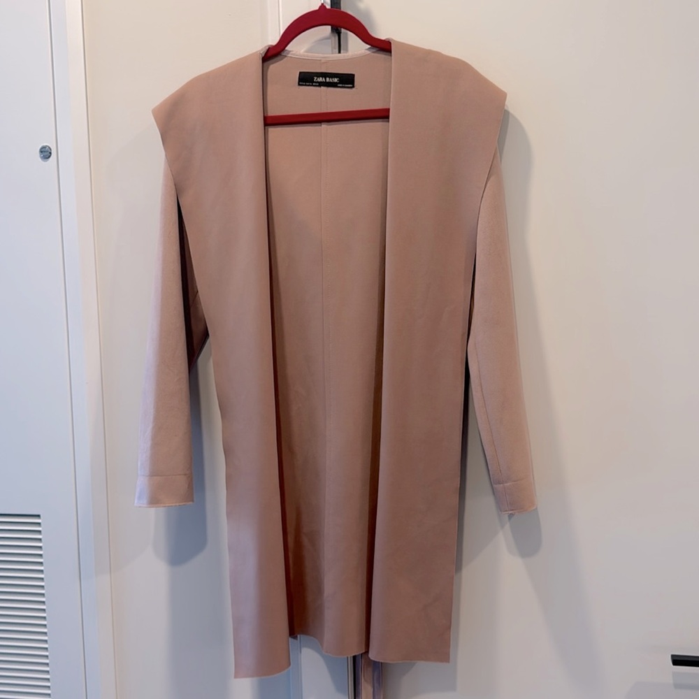 Zara Women’s Suede Light Pink Open Front Coat with Hood